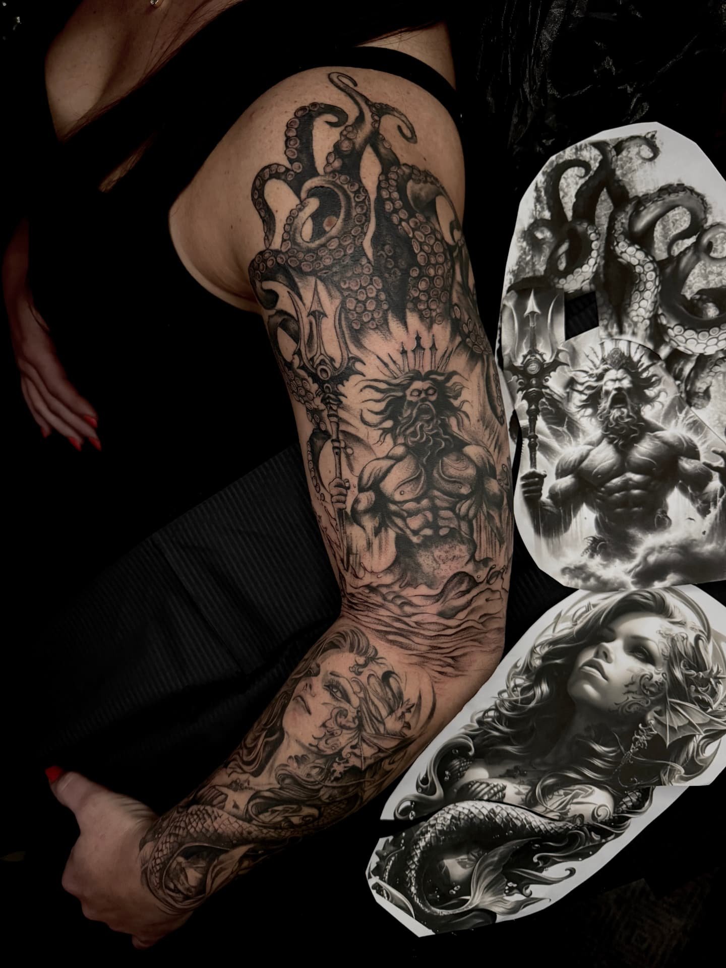 Poseidon mit Krake und Meerjungfrau als Oberarm-Sleeve in Realistik