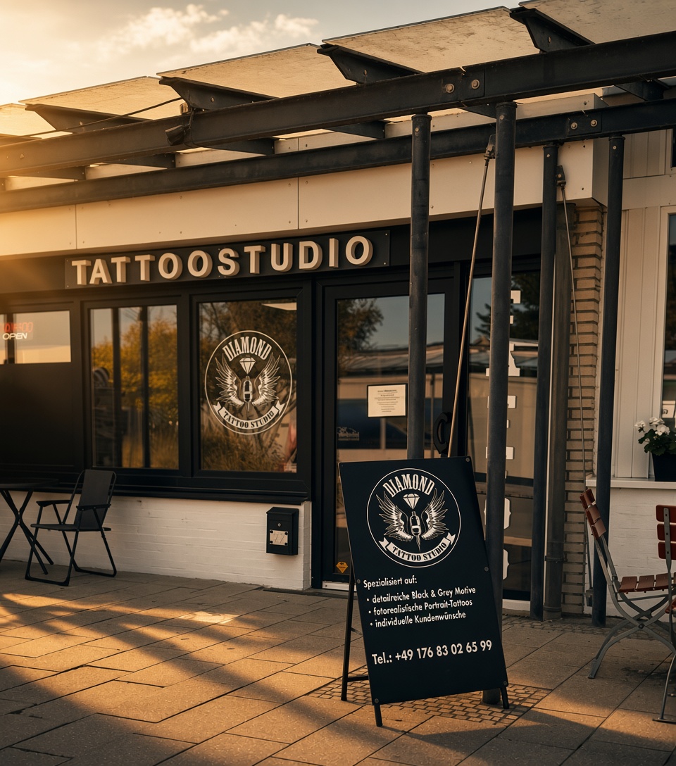 Echtes Diamond Tattoo Studio in Großenbrode an der Ostsee – Eingangsbereich mit Logo