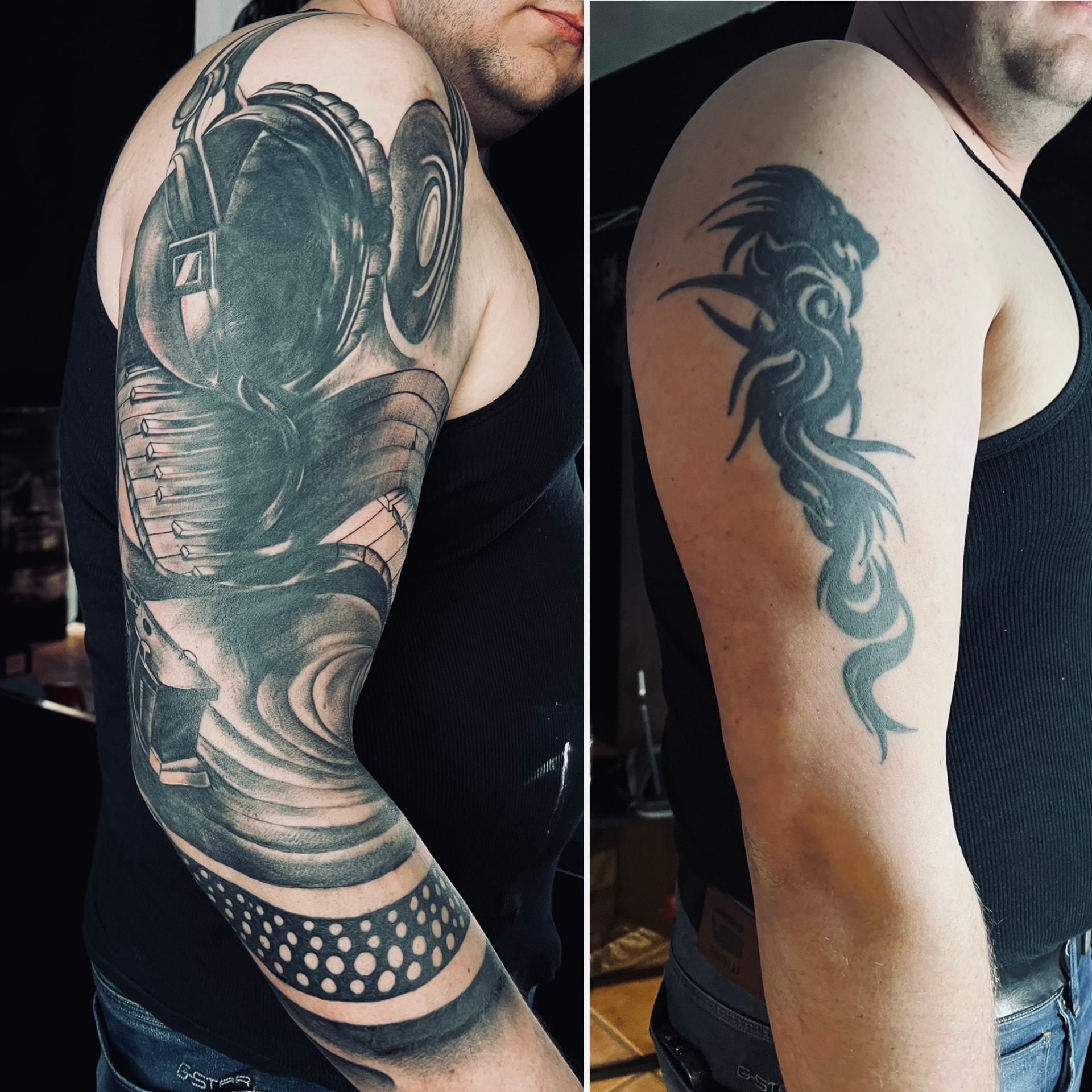 Biomechanik-Sleeve mit Kopfhörern und Tribal-Motiv am Oberarm