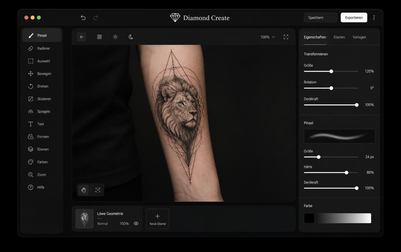 Diamond Create – Design-Oberfläche mit Tattoo-Motiv auf einem Unterarm