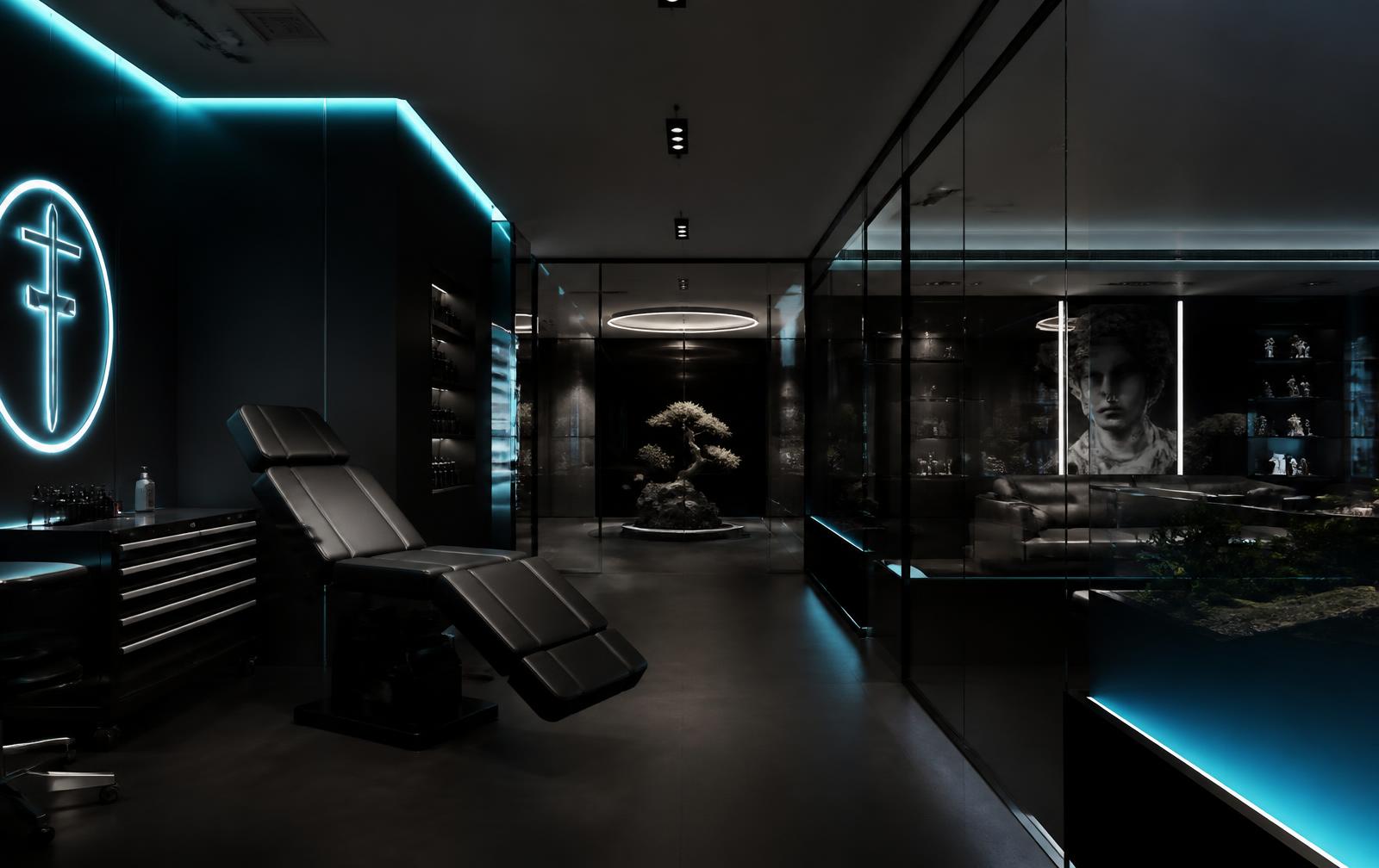 Futuristisches, mattschwarzes Interieur des Diamond Tattoo Studios in Großenbrode